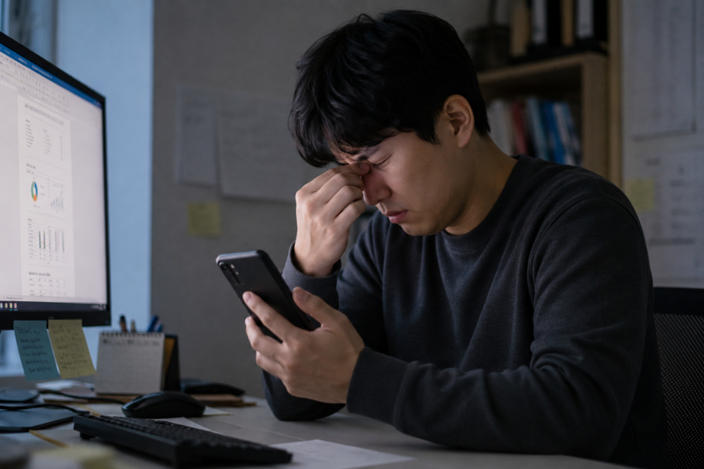 스마트폰을 보며 눈 피로와 두통을 느끼는 남성과 창밖을 바라보며 눈 휴식을 취하는 여성