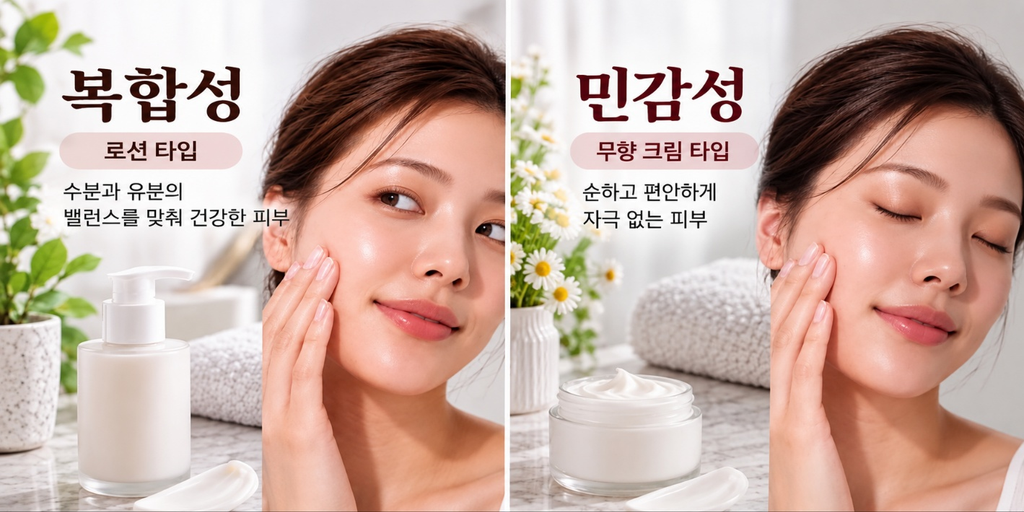 복합성 피부와 민감성 피부의 특징과 보습 관리 방법을 비교한 이미지